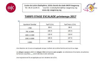Tarifs stage escalade printemps 2017